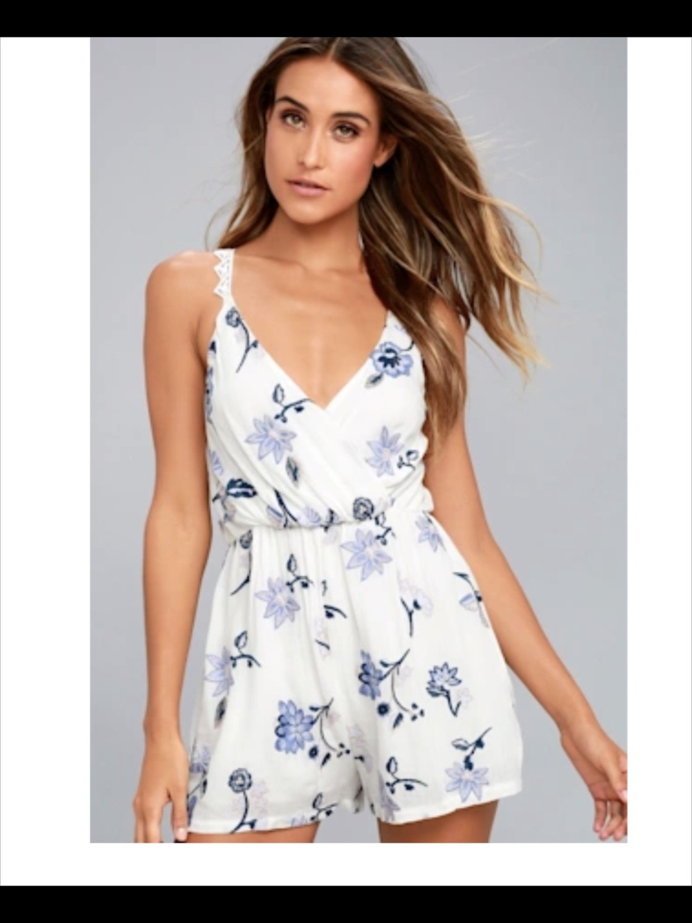 Lush White Romper with Blue Floral Print